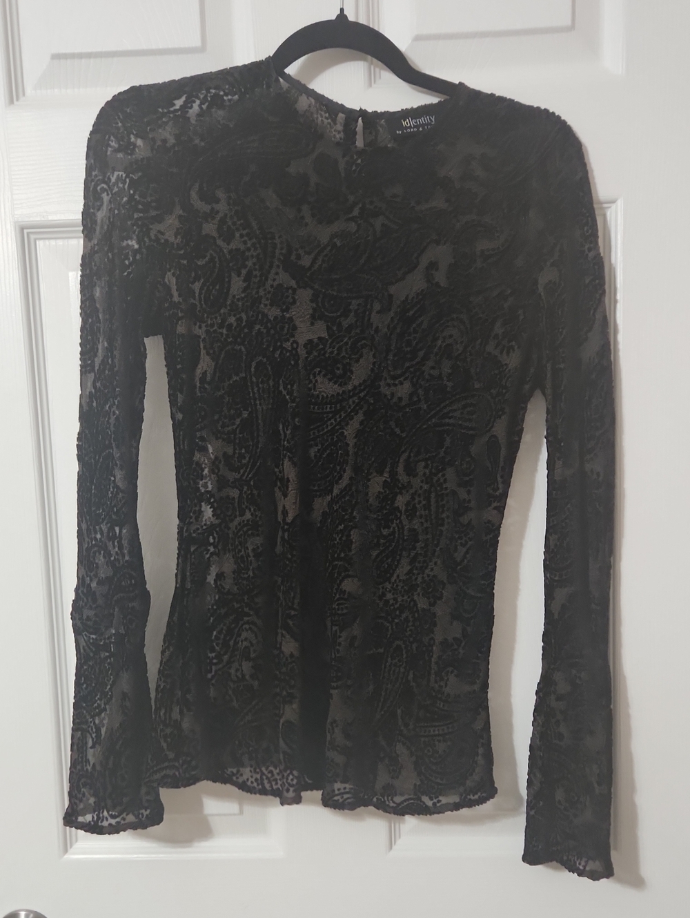Lord & Taylor Black Sheer Paisley Burnout Long-Sleeve Top